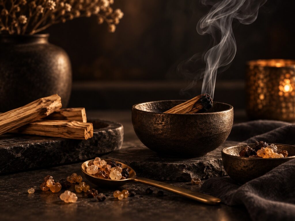 Räucherwerk mit Palo Santo, Harzen und Räucherschale als Produktwelt von ARDORA