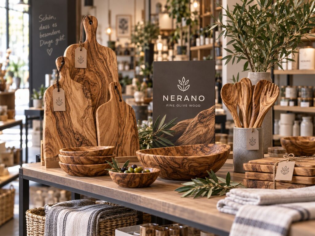 NERANO Olivenholzprodukte mit Markenaufsteller in einem Einzelhandelsgeschäft