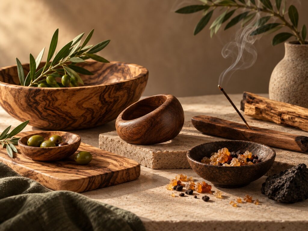 Stillleben mit Olivenholz, Holzschmuck und Räucherwerk als Ausdruck unterschiedlicher Produktwelten